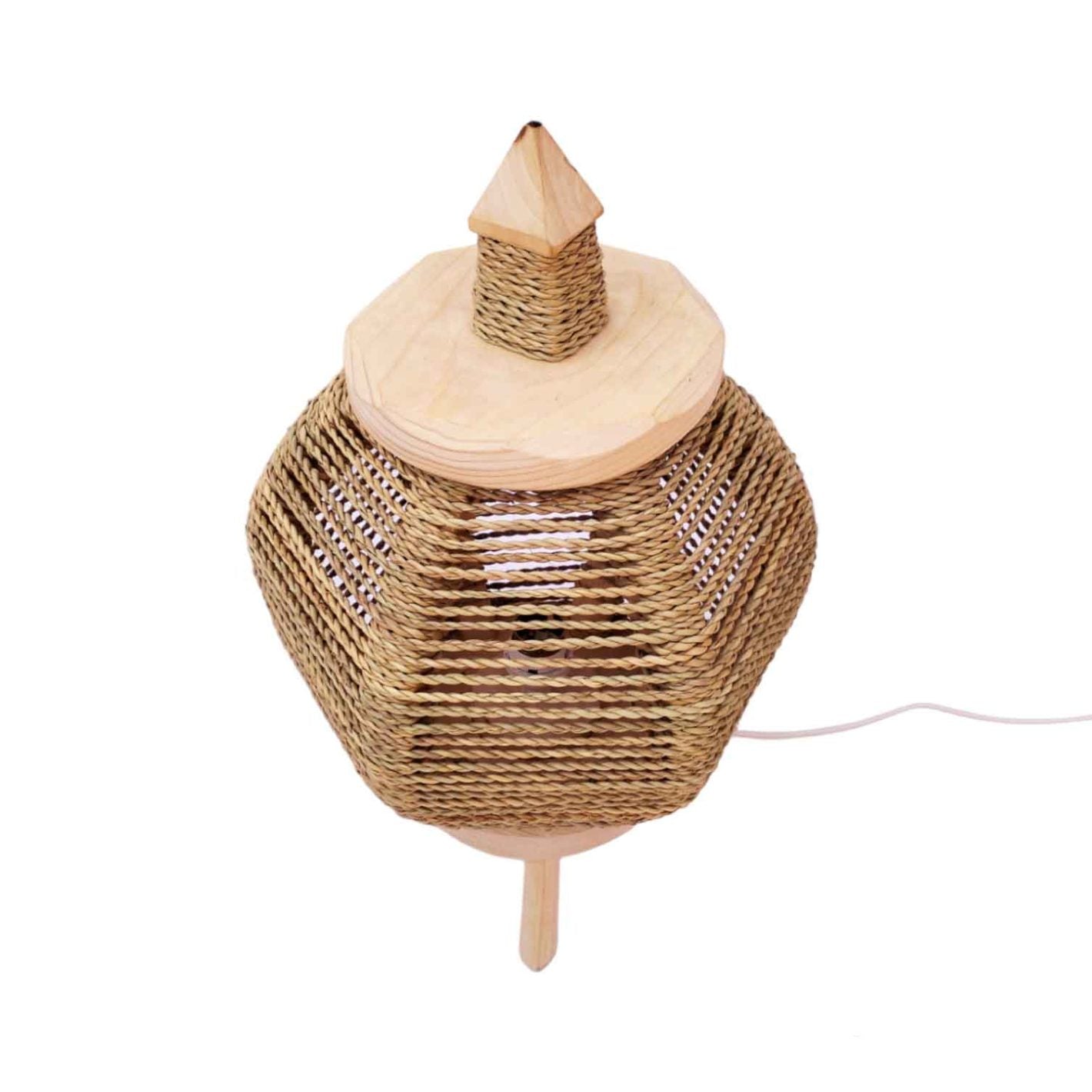 Round Straw Table Lamp with Lemon Wood Base – Handwoven Natural Lighting