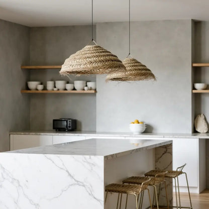 Handwoven Palm Leaf Dome Lampshade – Artisanal Boho Pendant Light
