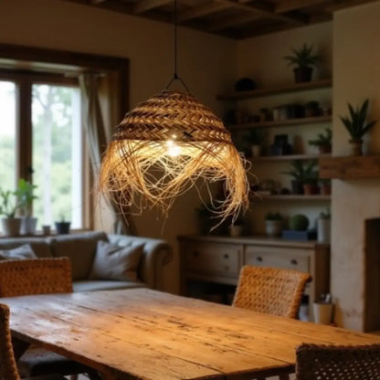 Handwoven Palm Leaf Dome Lampshade – Artisanal Boho Pendant Light