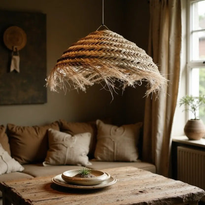 Handwoven Palm Leaf Dome Lampshade – Artisanal Boho Pendant Light