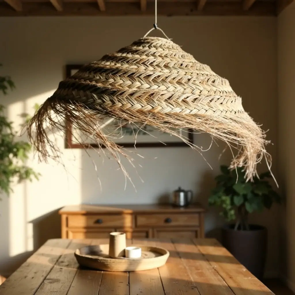 Handwoven Palm Leaf Dome Lampshade – Artisanal Boho Pendant Light