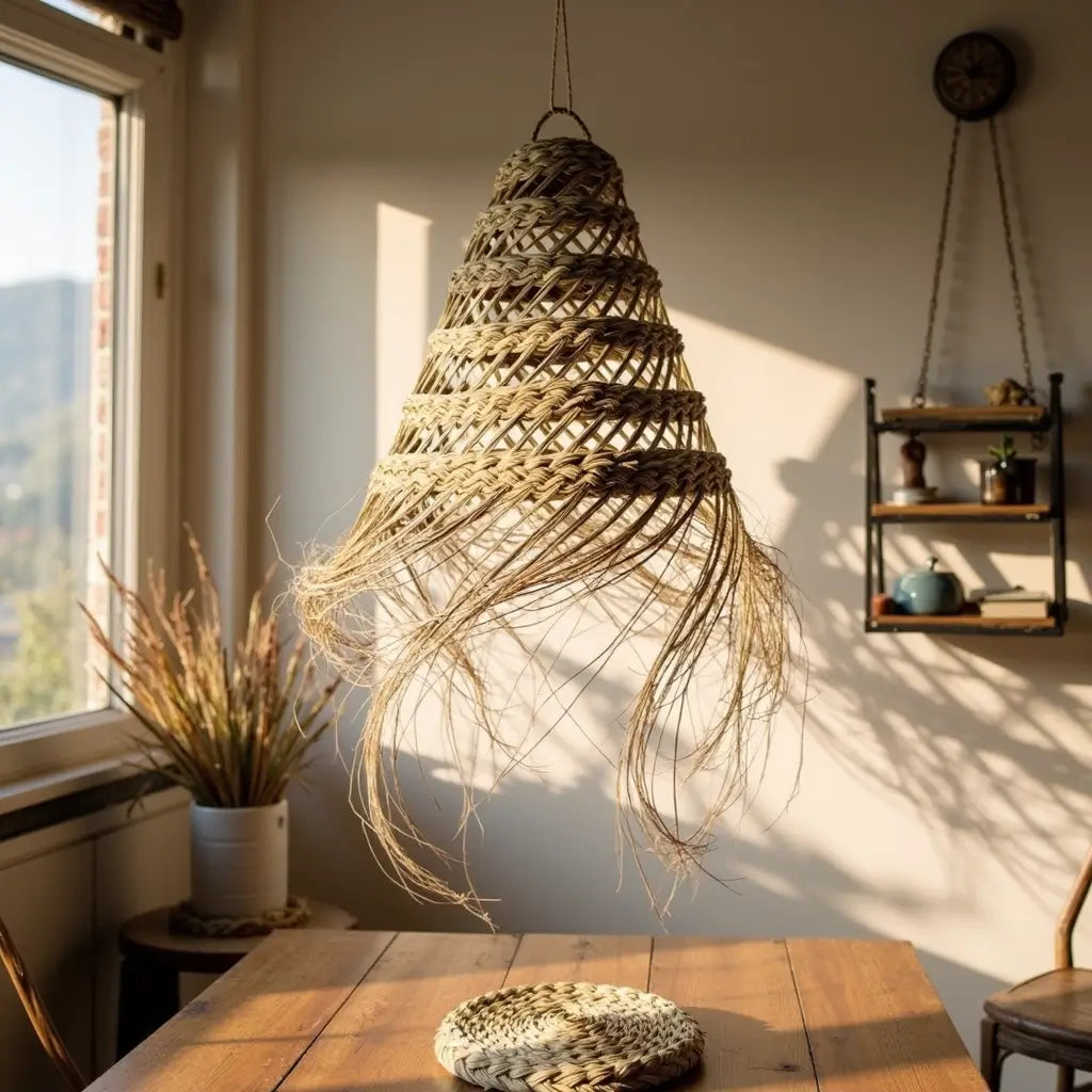 Handwoven Straw Pendant Light 17″ – Natural Fiber Lampshade with Fringe