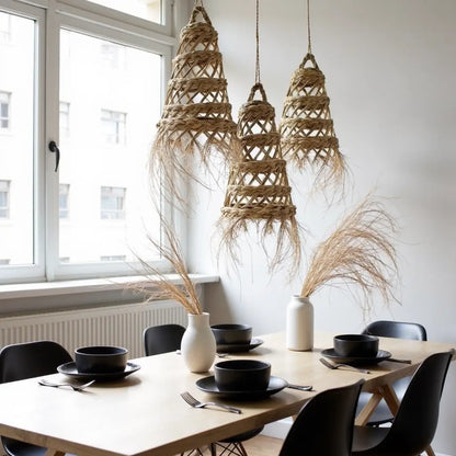 Handwoven Straw Pendant Light 17″ – Natural Fiber Lampshade with Fringe