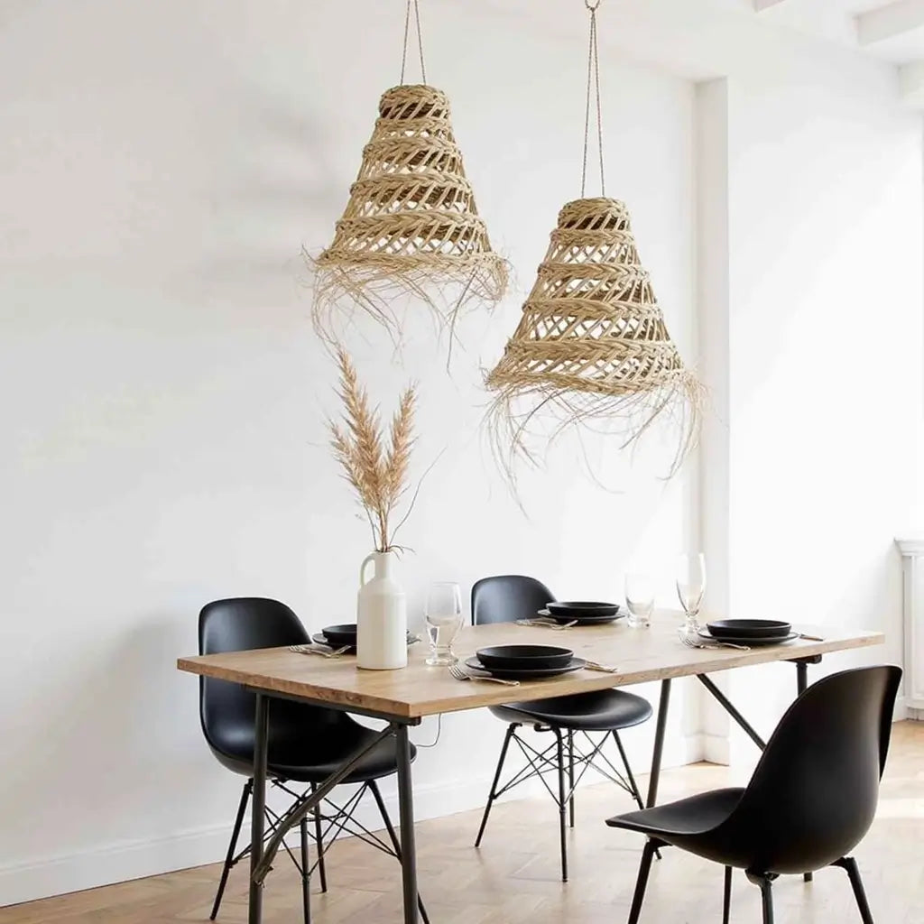 Handwoven Straw Pendant Light 17″ – Natural Fiber Lampshade with Fringe