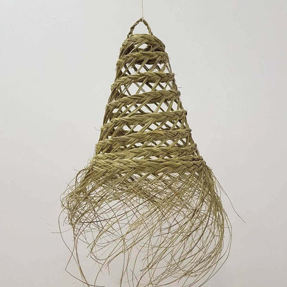 Handwoven Straw Pendant Light 17″ – Natural Fiber Lampshade with Fringe
