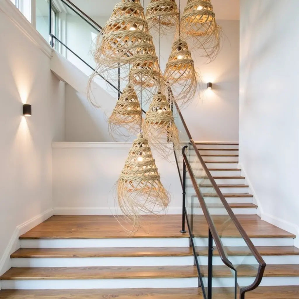 Handwoven Straw Pendant Light 17″ – Natural Fiber Lampshade with Fringe