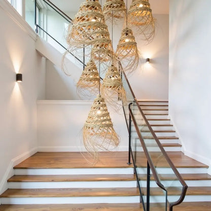 Handwoven Straw Pendant Light 17″ – Natural Fiber Lampshade with Fringe