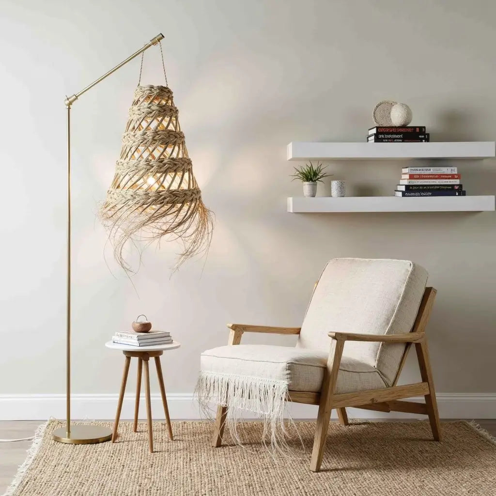 Handwoven Straw Pendant Light 17″ – Natural Fiber Lampshade with Fringe