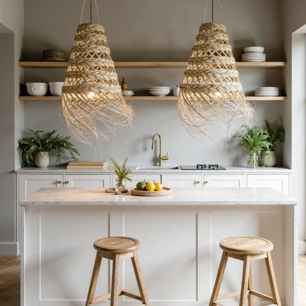 Handwoven Straw Pendant Light 17″ – Natural Fiber Lampshade with Fringe