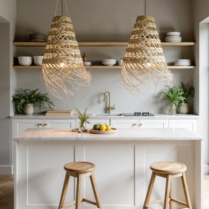 Handwoven Straw Pendant Light 17″ – Natural Fiber Lampshade with Fringe