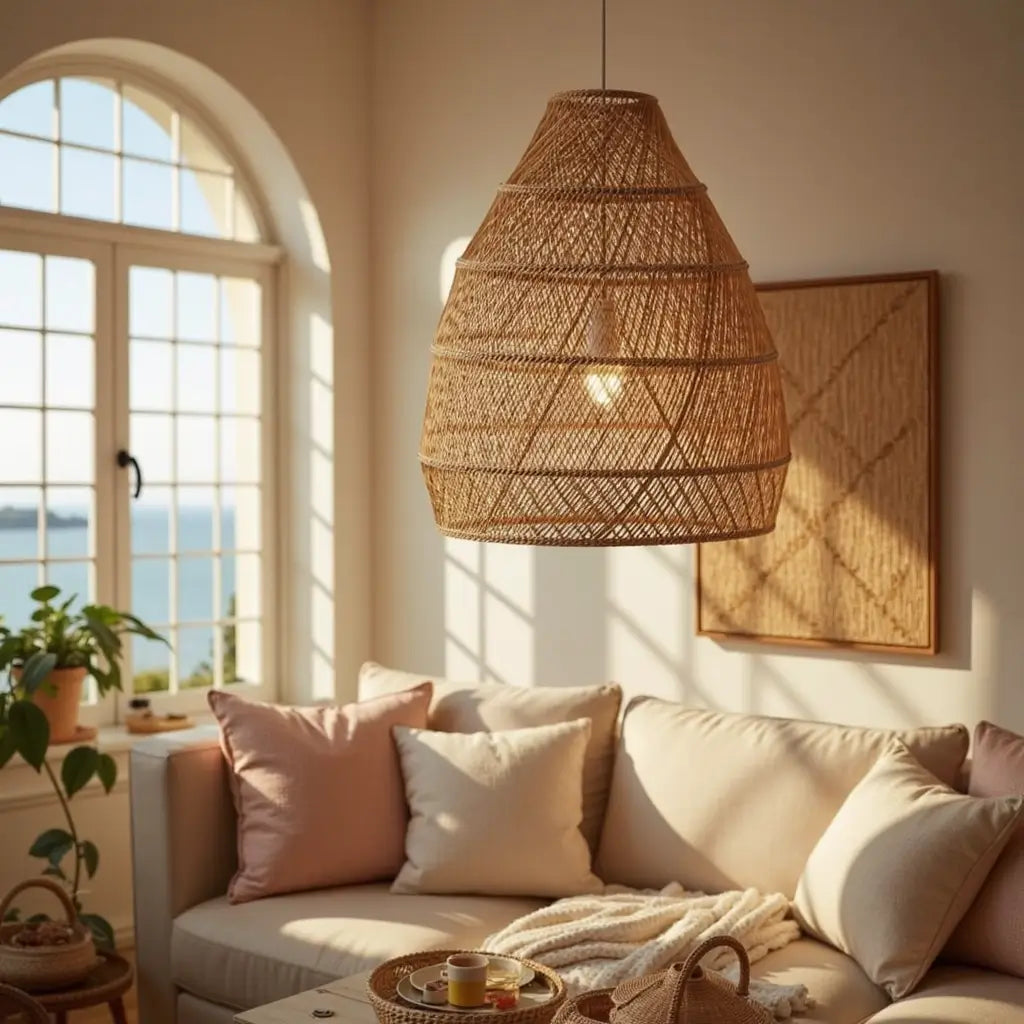14″ Raffia Pendant Light – Handwoven Dome Lamp with Herringbone Pattern