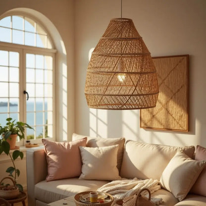 14″ Raffia Pendant Light – Handwoven Dome Lamp with Herringbone Pattern