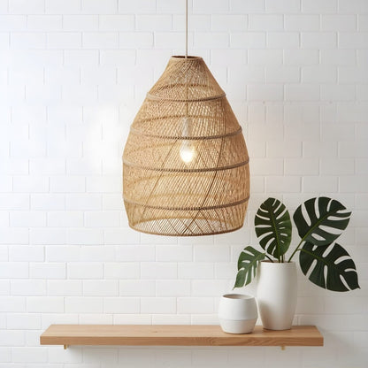 14″ Raffia Pendant Light – Handwoven Dome Lamp with Herringbone Pattern