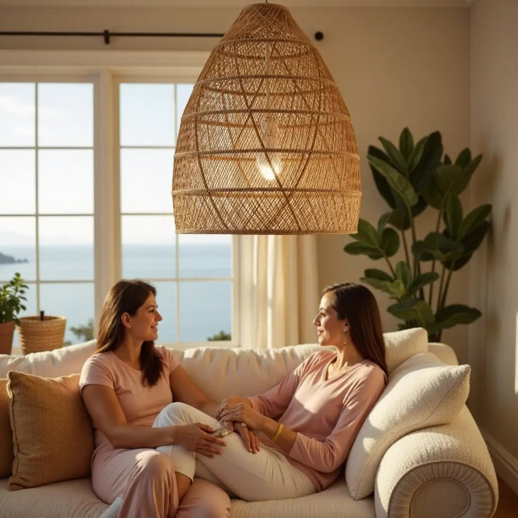 14″ Raffia Pendant Light – Handwoven Dome Lamp with Herringbone Pattern