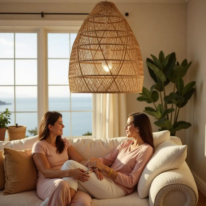 14″ Raffia Pendant Light – Handwoven Dome Lamp with Herringbone Pattern