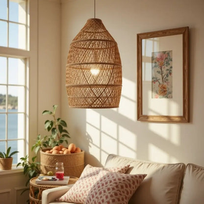 14″ Raffia Pendant Light – Handwoven Dome Lamp with Herringbone Pattern