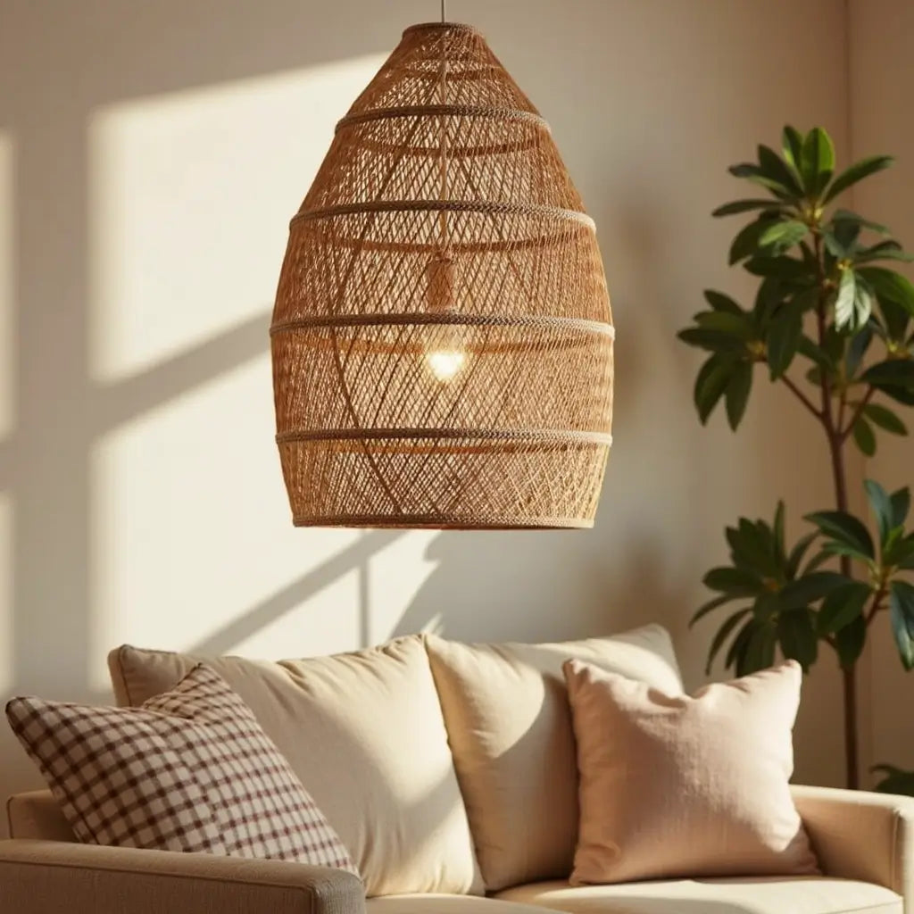 14″ Raffia Pendant Light – Handwoven Dome Lamp with Herringbone Pattern