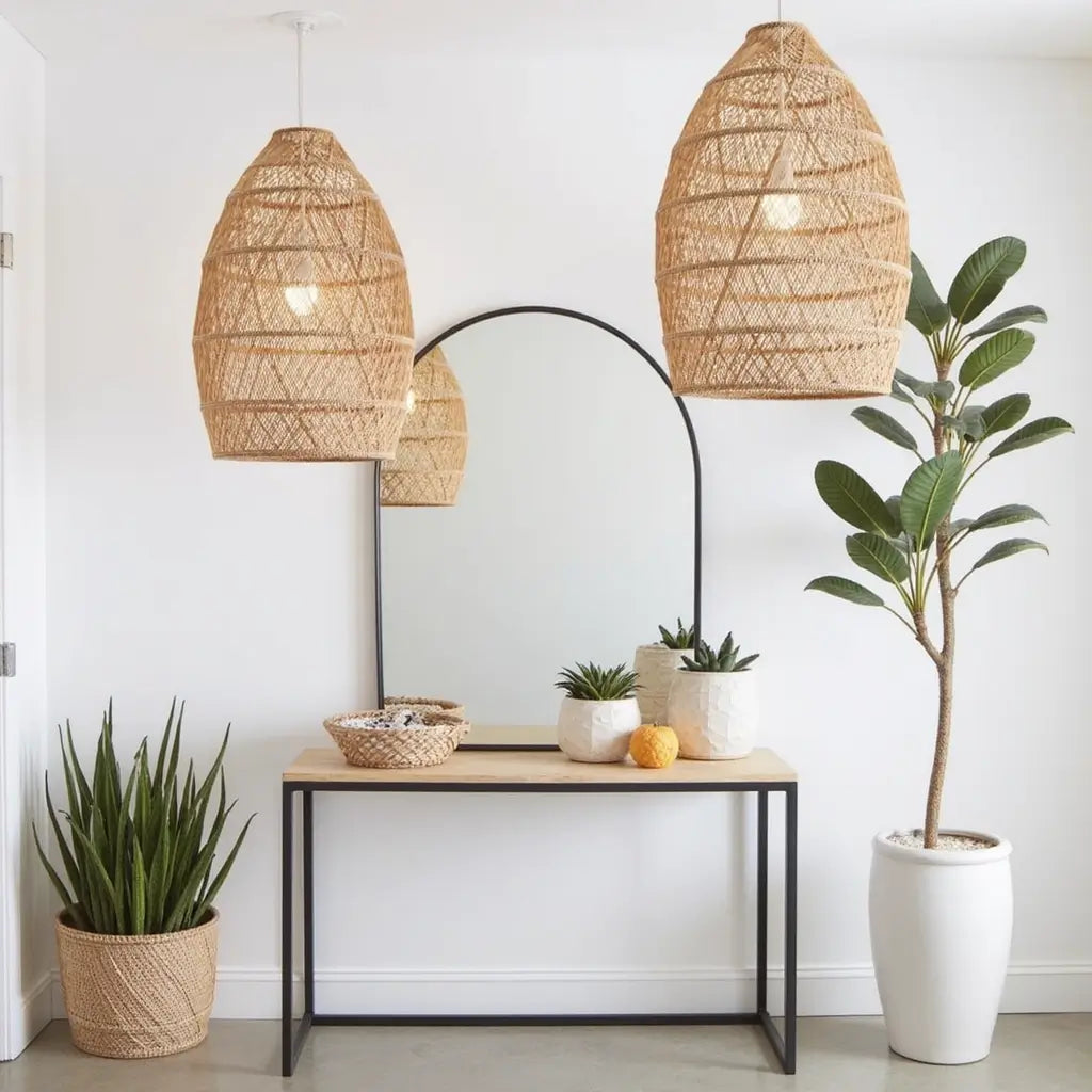 14″ Raffia Pendant Light – Handwoven Dome Lamp with Herringbone Pattern