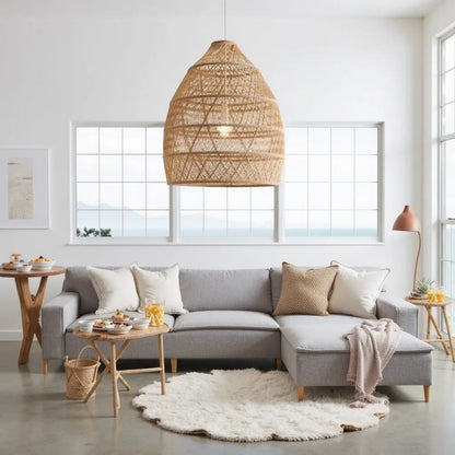 14″ Raffia Pendant Light – Handwoven Dome Lamp with Herringbone Pattern