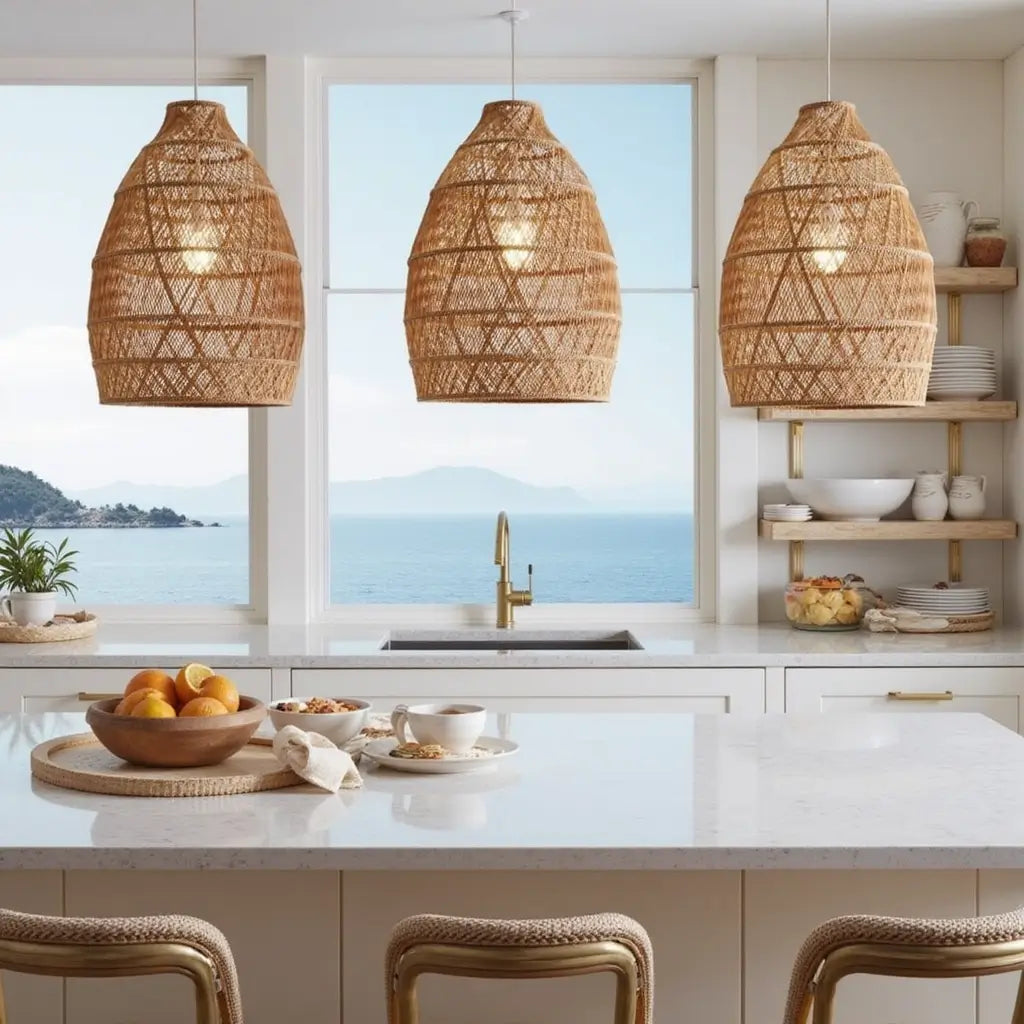 14″ Raffia Pendant Light – Handwoven Dome Lamp with Herringbone Pattern