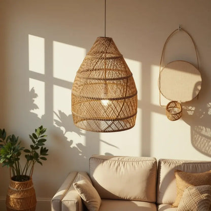 14″ Raffia Pendant Light – Handwoven Dome Lamp with Herringbone Pattern