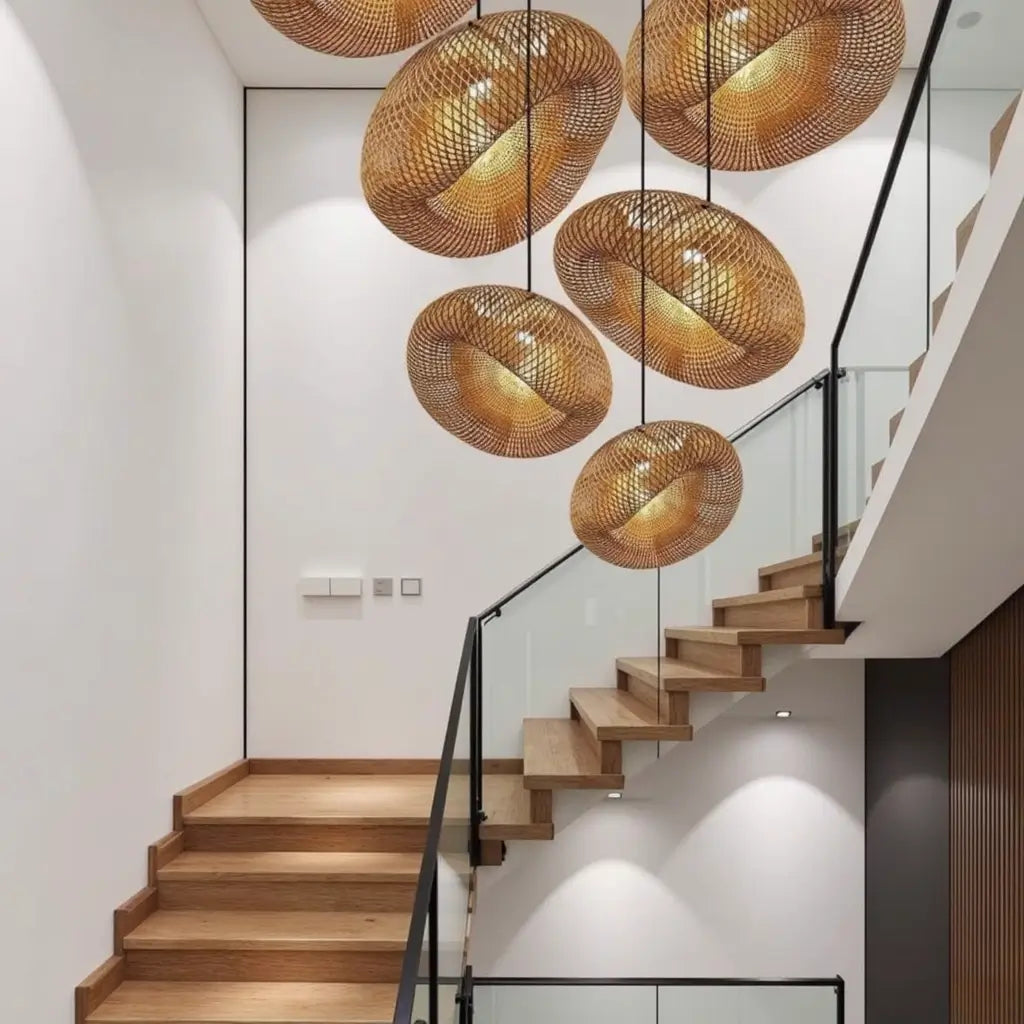 Handwoven Rattan Pendant Lamp – Organic Wave Design Natural Lighting