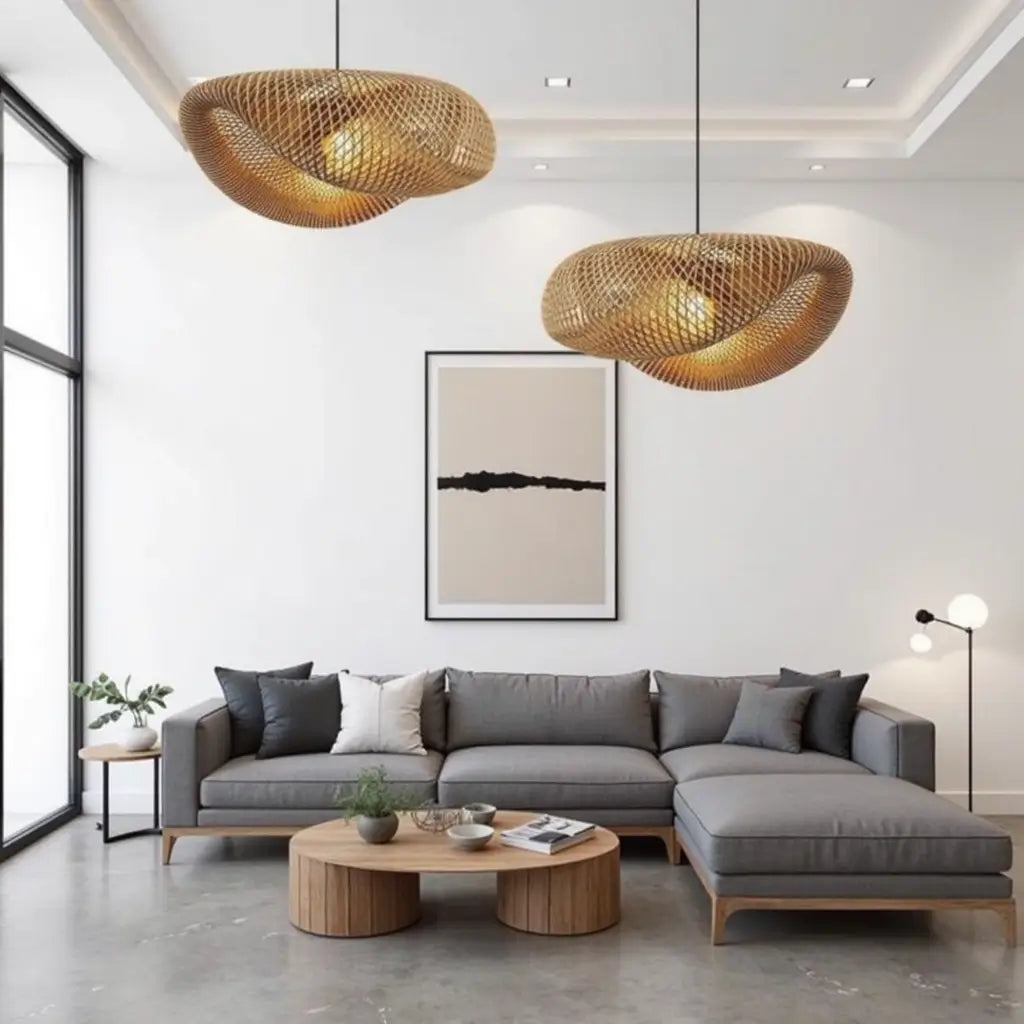 Handwoven Rattan Pendant Lamp – Organic Wave Design Natural Lighting