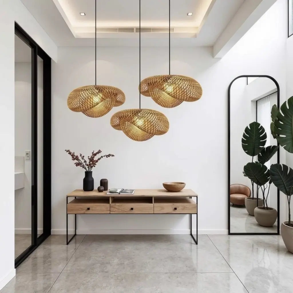 Handwoven Rattan Pendant Lamp – Organic Wave Design Natural Lighting