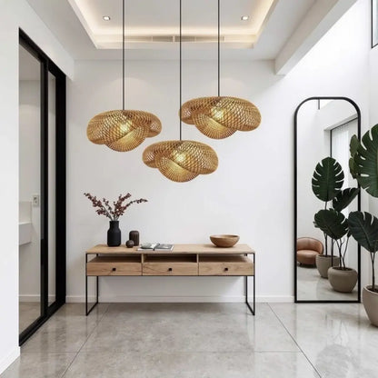 Handwoven Rattan Pendant Lamp – Organic Wave Design Natural Lighting