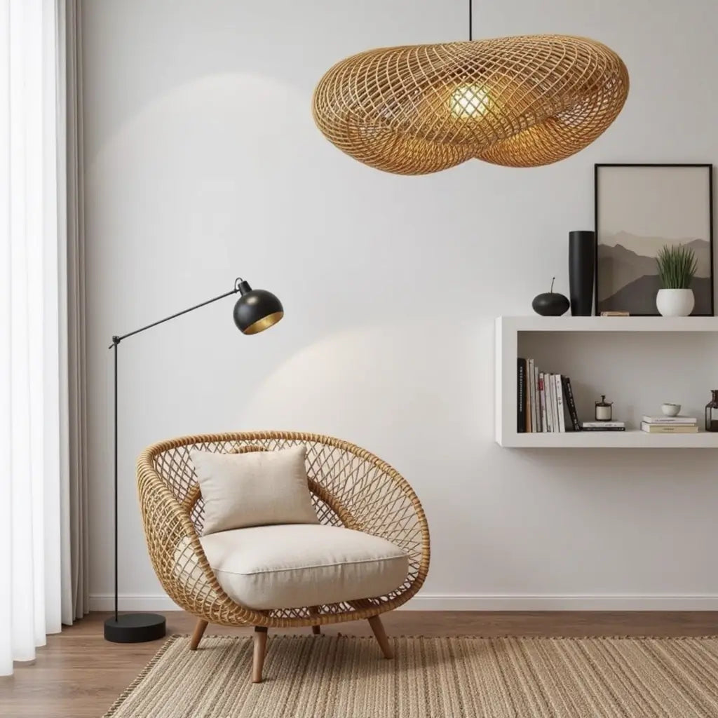 Handwoven Rattan Pendant Lamp – Organic Wave Design Natural Lighting