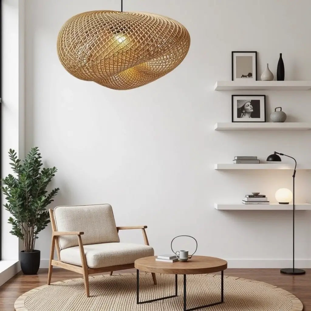 Handwoven Rattan Pendant Lamp – Organic Wave Design Natural Lighting