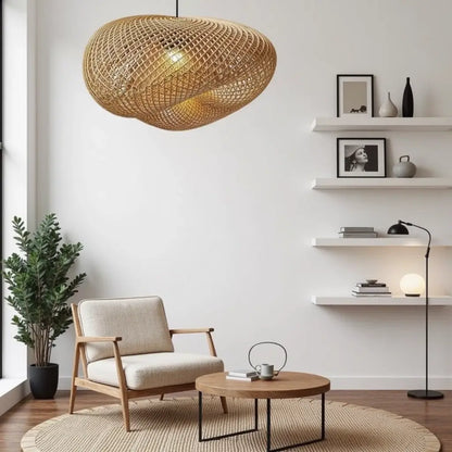 Handwoven Rattan Pendant Lamp – Organic Wave Design Natural Lighting