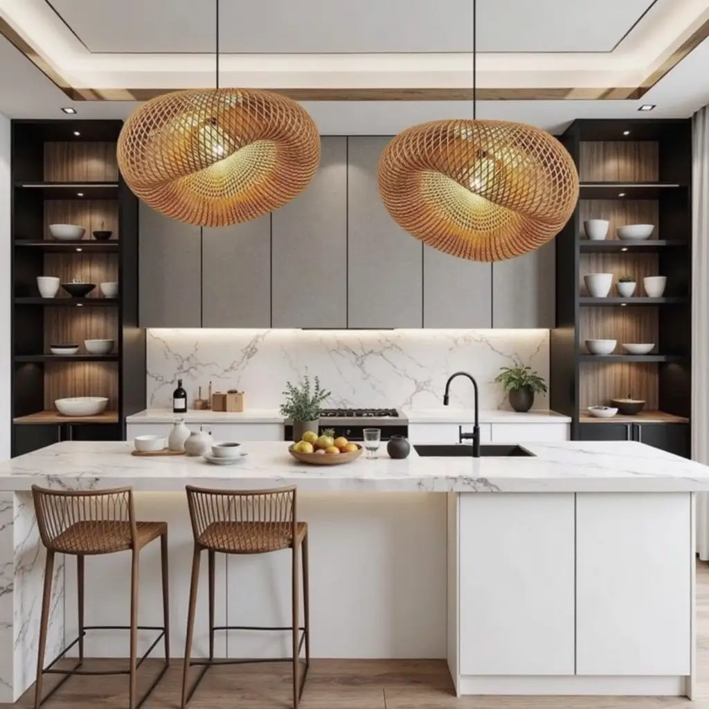 Handwoven Rattan Pendant Lamp – Organic Wave Design Natural Lighting