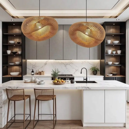Handwoven Rattan Pendant Lamp – Organic Wave Design Natural Lighting