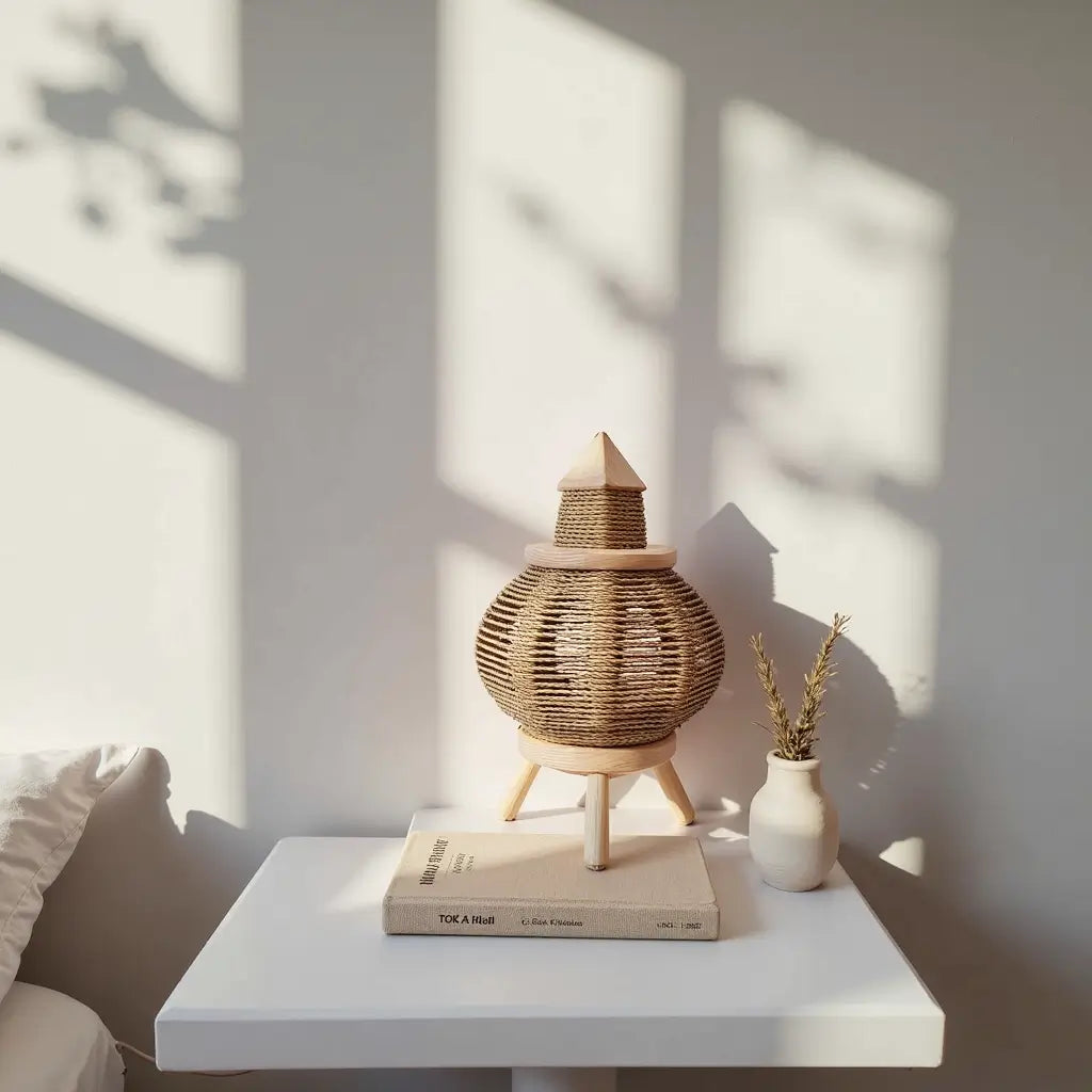 Round Straw Table Lamp with Lemon Wood Base – Handwoven Natural Lighting