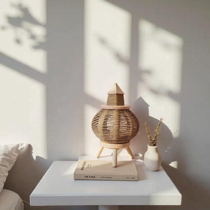 Round Straw Table Lamp with Lemon Wood Base – Handwoven Natural Lighting