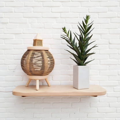 Round Straw Table Lamp with Lemon Wood Base – Handwoven Natural Lighting