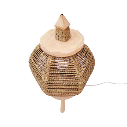 Round Straw Table Lamp with Lemon Wood Base – Handwoven Natural Lighting