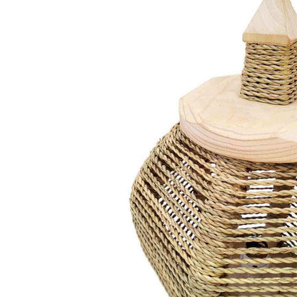 Round Straw Table Lamp with Lemon Wood Base – Handwoven Natural Lighting