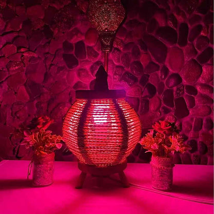 Round Straw Table Lamp with Lemon Wood Base – Handwoven Natural Lighting