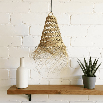 Handwoven Straw Pendant Light 17″ – Natural Fiber Lampshade with Fringe